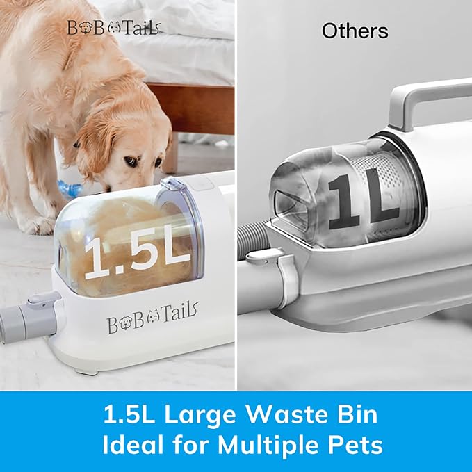 Pet Grooming Vacuum Kit, 1.5L Dust Cup Dog Grooming Vacuum 8 in 1, Dog deshedding Brush with Clipper Low Noise Mess-Free for Shedding Pet Hair, Home Cleaning (White)