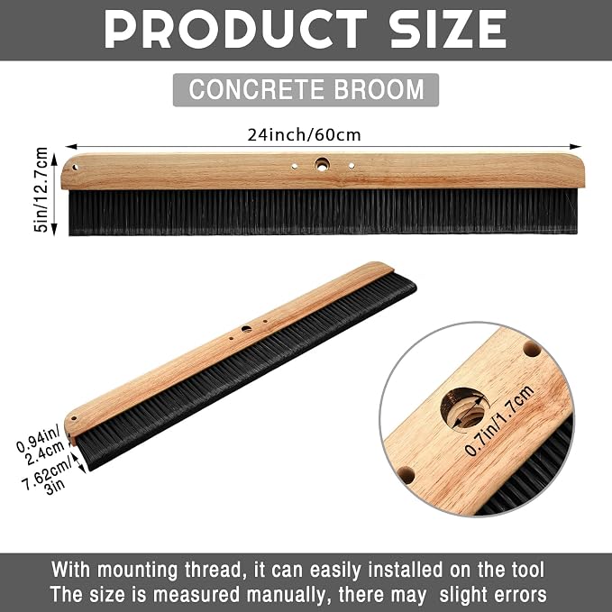 2 Pack 24 Inch Concrete Broom Finishing Tools Wood Backed, Polypropylene Bristles Brush Push Brooms Without Handle for Concrete Finishes Hard Floors