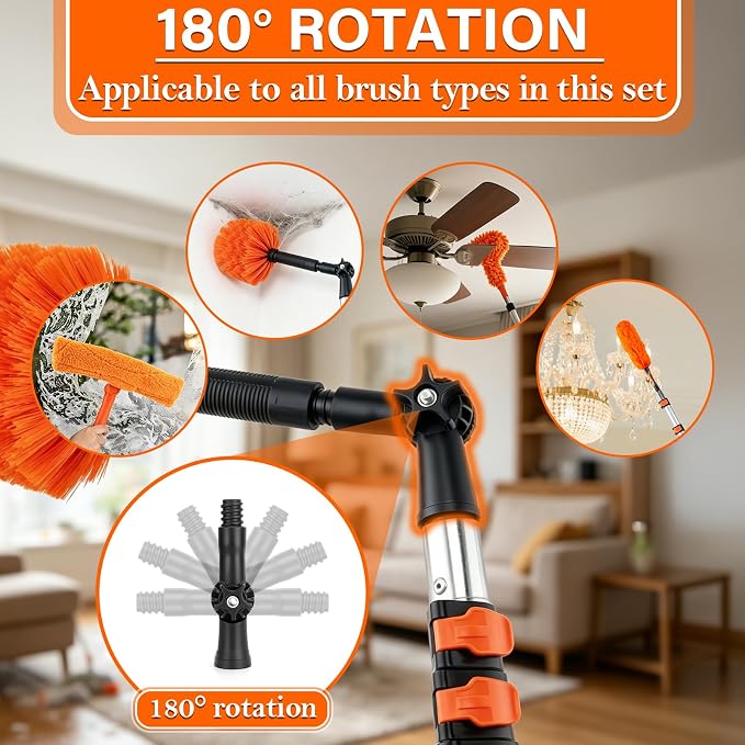 26FT High Ceiling Duster with Extension Pole, High Reach Duster Cleaning Kit, Ceiling Fan Cleaner Duster, Cobweb Dusters & Window Cleaning Squeegee Kit for Fan Blades, Furniture, Corner, Long Dusters