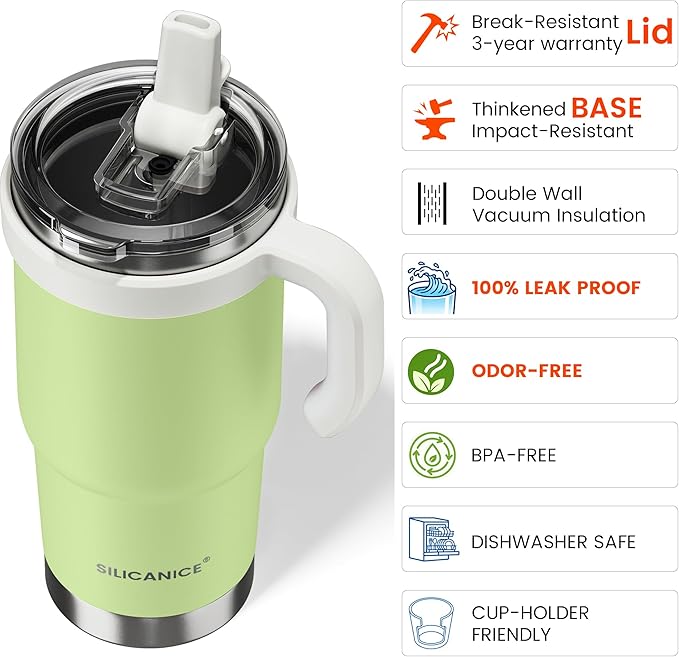 24oz Hygienic Insulated Tumbler with Handle —100% Leakproof Lid with Removable Spout & Straw, Reinforced Vacuum-Protection Base, Cup Holder Friendly, for Travel,Office & School-Key Lime
