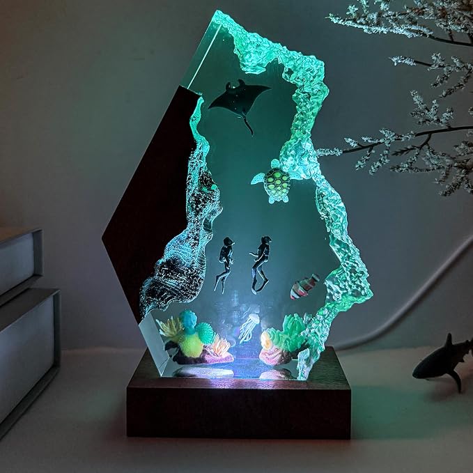 Scuba Diving Resin Ocean Lamp,Handmade 3D Ocean Night Light With Woodden Base,Variable Lights, Scuba Diver Gifts,Diving Enthusiast Collectibles, Unique Birthday Holiday Gifts for Men & Women (L12"x8")