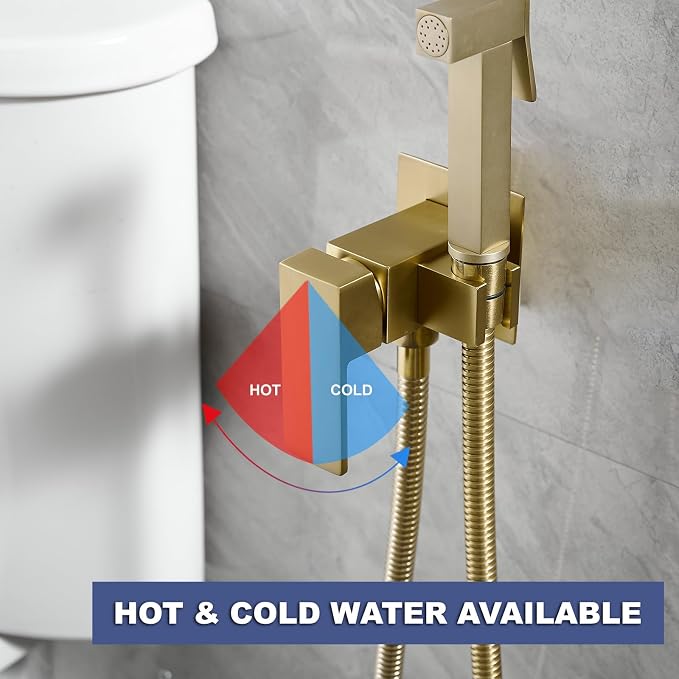 Wall Mounted Bidet Sprayer Set, Warm Water Bidet Sprayer Faucet for Toilet with Hot and Cold Brass Valve, Stainless Steel Square Handheld Bidet Attachment Set, Brushed Gold