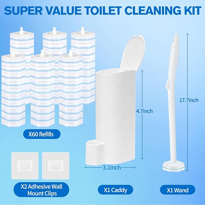 Disposable Toilet Brush Set - Toilet Bowl Wand Refills with Toilet Cleaners, Disposable Brush Heads with 5X Cleaning Power, Includes 60 Refill Heads for Clorox Toilet Brush, Wand & Storage Caddy