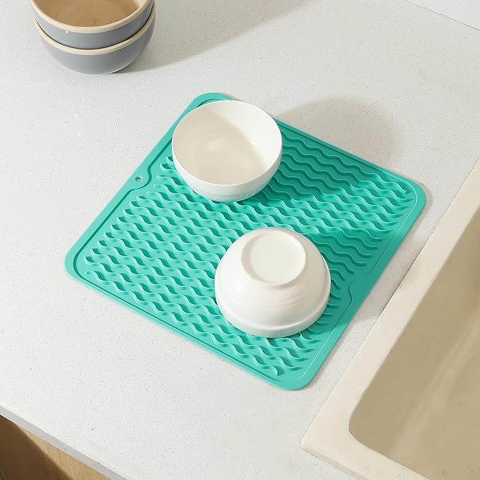 MicoYang Silicone Dish Drying Mat for Multiple Usage,Easy clean,Eco-friendly,Heat-resistant Silicone Mat for Kitchen Counter or Sink,Refrigerator or Drawer liner Mint M 12 inches x 12 inches