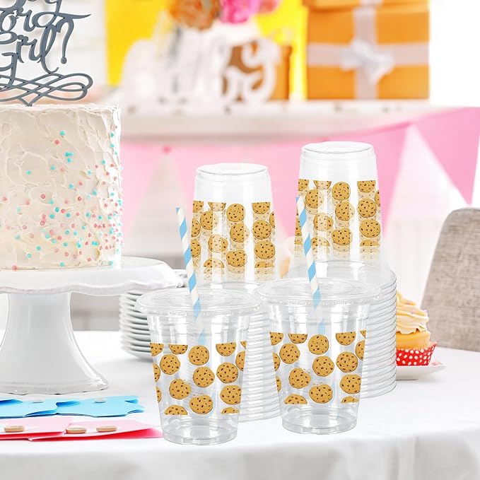 FYSUIMU 50 Pcs 12 Oz Cookie Theme Plastic Cups with Lids & Straws Disposable Clear Drinking Cups for Birthday Baby Shower Party Supplies