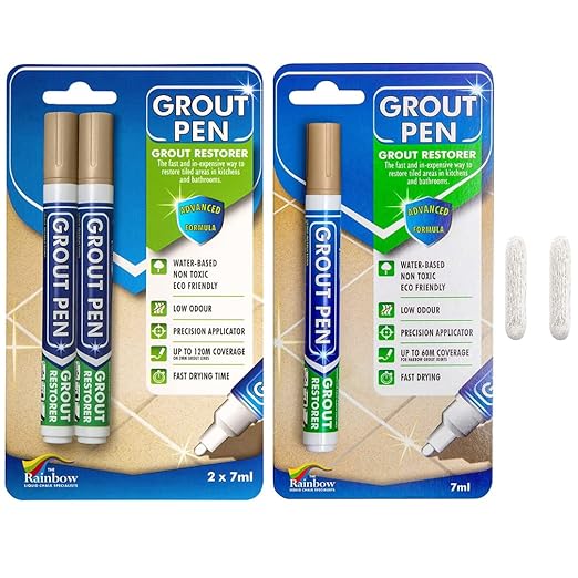 Grout Pen Tile Paint Marker: Beige 1 Pack and 2 Pack with Extra Tips (Narrow, 5mm) - Waterproof Grout Colorant and Sealer Pen to Renew, Repair, and Refresh Tile Grout - Cleaner Floor Pens