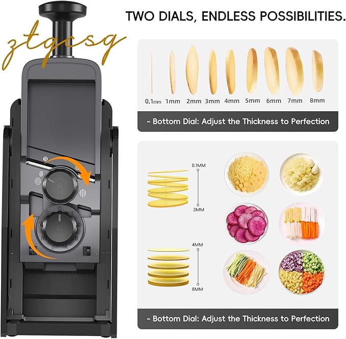 [All in 1] Vegetable Slicer with Adjustable Thickness, Easy to Clean Potato Mandoline Slicer with Container, Rapid Prep French Fry Veggie Cutter/Onion Slicer, Free Grater/Cleaning Brush (Black)