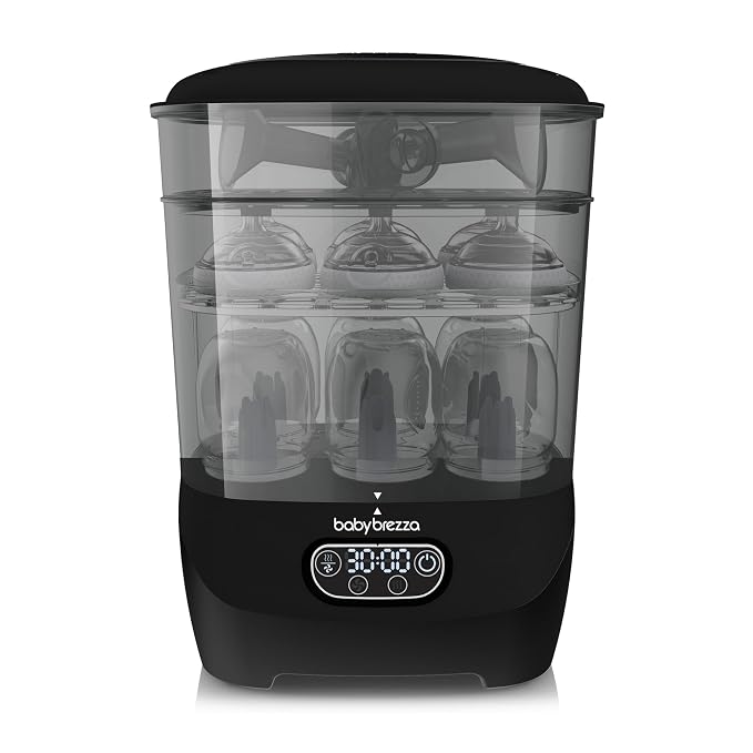 Baby Brezza Bottle Sterilizer and Dryer Advanced – 33% Faster - Largest Capacity Steam Sanitizer - Universal Sterilization Machine for All Bottles + Pump Parts - HEPA Air Filter, Black
