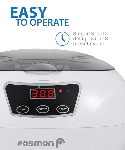 Fosmon 600ML 42kHz Ultrasonic Cleaner Polisher with Digital Timer for Dentures, Retainer Cleaner, Mouth Guard, Jewelry Dental (Professional Machine, Stainless Steel Tank, 18 Preset Cycle)