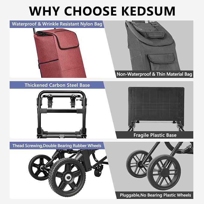 KEDSUM 3 in 1 Shopping Cart with Wheels, 60L/250LBS Multi Use Grocery Cart with 7" Big Wheels & Removable Waterproof Bag, Personal Shopping Carts for Groceries, Telescoping Handle & Thickened Steel