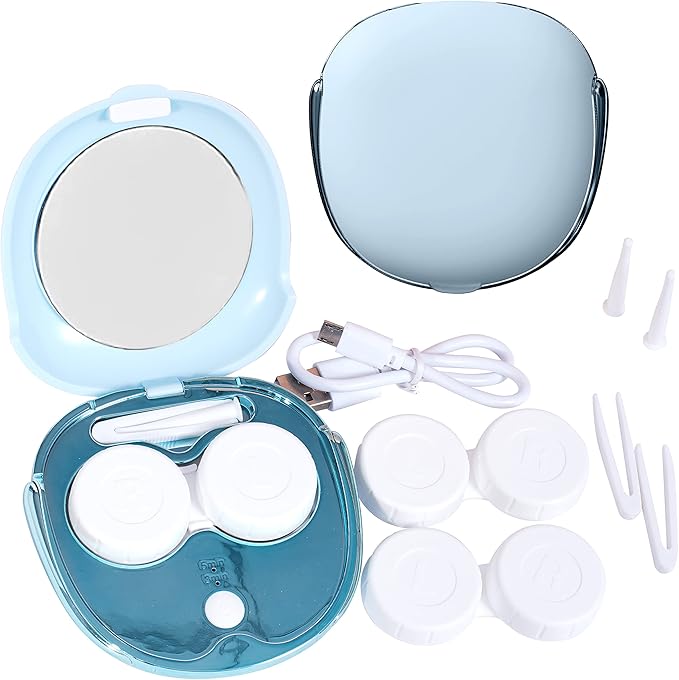 Contact Lens Cleaner Machine, Portable Ultrasonic Cleaning with USB Charger Mirror Tweezers Remover Tool Replaceable Contact Lens Case for Daily Outdoor (Blue)