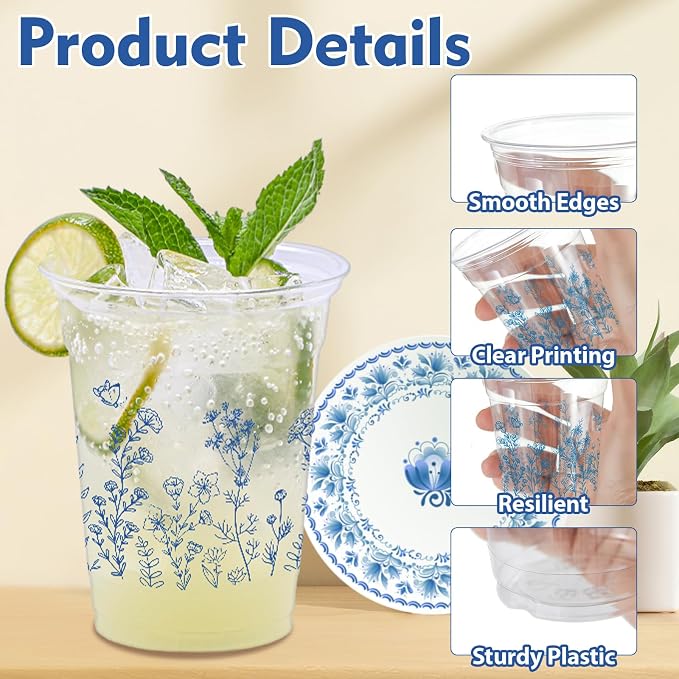 100 Pcs Chinoiserie Disposable Plastic Cups,16 oz Blue and White Flower Clear Plastic Cups for Birthday, Baby Shower, Wedding and Tea Party Drinking Cups Supplies