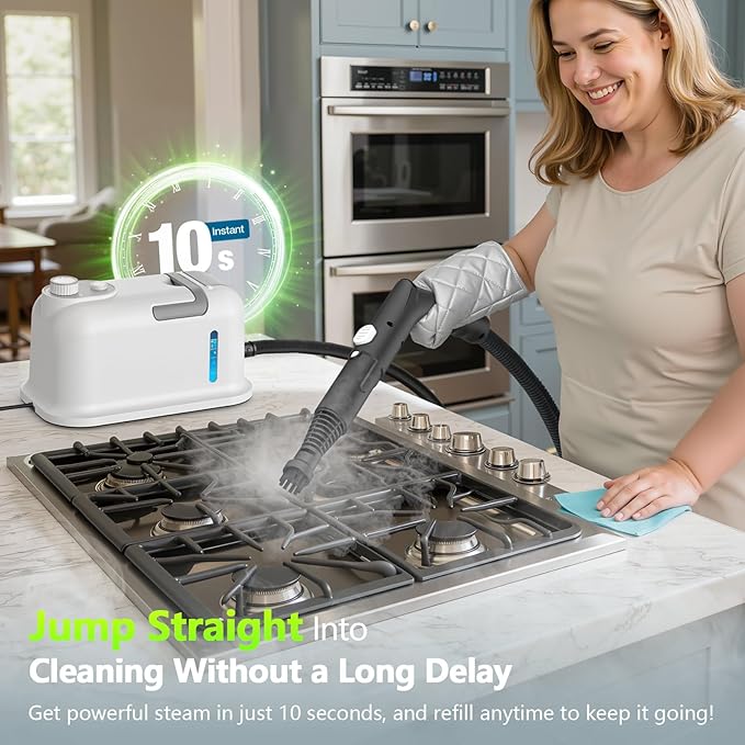 Handheld Steam Cleaner, 3S Instant Heat 1350W High Pressure Steam Cleaner, Portable Chemical-Free Deep Cleaning Steamer for Grout Tile Bathroom Kitchen Car Detailing with Continuous Refill (White)