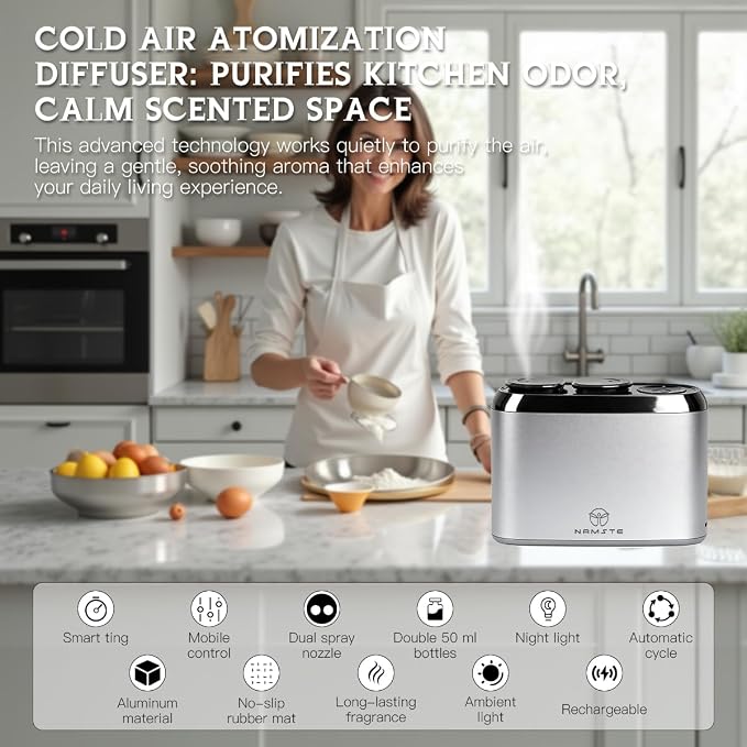 Waterless Essential Oil Diffuser Smart App & Button Control | 50ml x 2 Types Scent Diffusers, Portable Wireless Aroma Air Machine Fragrance for Home, Bathroom, Bedroom, Office, Camping