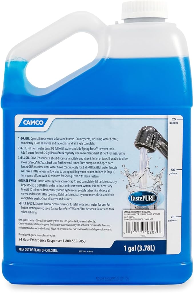 Camco TastePURE Spring Fresh Water System Cleaner & Deodorizer - Features Safe Eco-Conscious Formula - 1 Gallon Cleans Up to 100 Gallon Tank w/One-Step No Measuring Solution - 1 Gallon (40207)