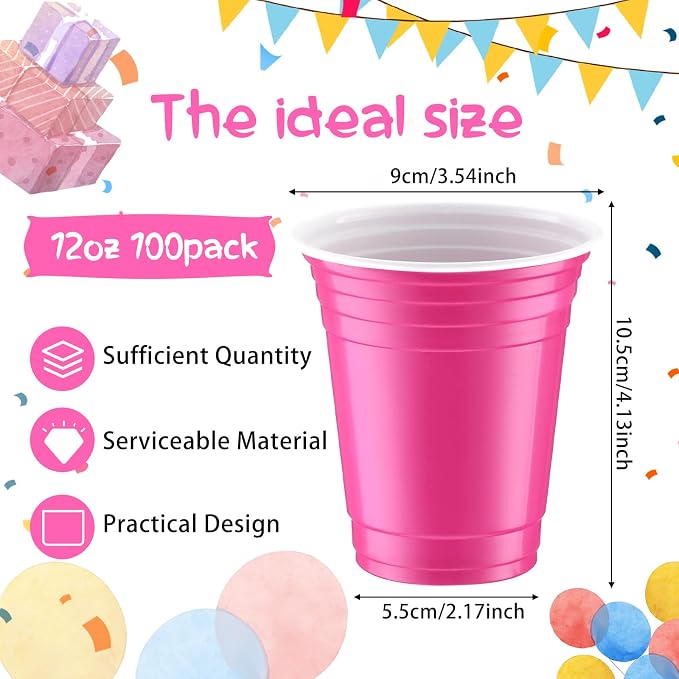 Sabary 100 Pack 12oz Plastic Cups Pink Wedding Heavy Duty Drinking Disposable Cups with Lines for Beverage Graduation Holiday Camping Barbecues Birthday Party Summer Outdoor Picnic(Pink and White)