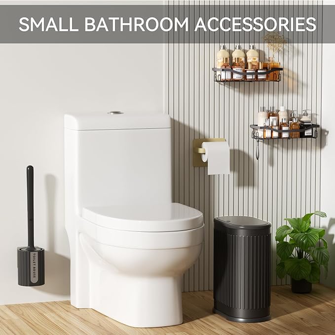Small Bathroom Trash Can with Toilet Brush, 1.6 Gallon Black Stainless Steel Garbage Can with Lid,Slim Wastebasket with Shower Caddy for Bathroom Bedroom