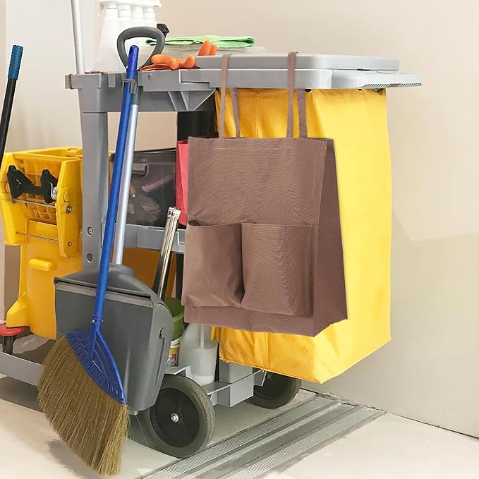Janitorial Cart Bag Replacement for Cleaning Cart Utility Trash Collection Bag with Hooks Housekeeping Cleaning Tote for Hotel and Commercial Use Coffee 17.71X15.74X7.87In