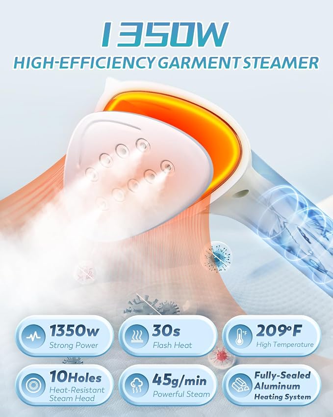Standing Garment Steamer for Clothes 1350W Aluminum Heating System for 1 Hour Powerful Steam, Heats in 30s, 10 Levels Steam Control, Flat & Hanging Ironing, with Ironing Board, Gloves, Brush