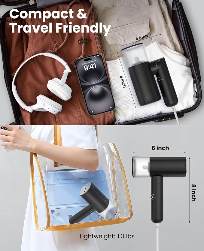 Handheld Steamer for Clothes, 1200W Foldable Travel Steamer, 20 Sec Preheat Garments Wrinkle Remover, 120V Portable Hand Iron with 150ml Water Tank, Clothes Steamer for Home Travel Black