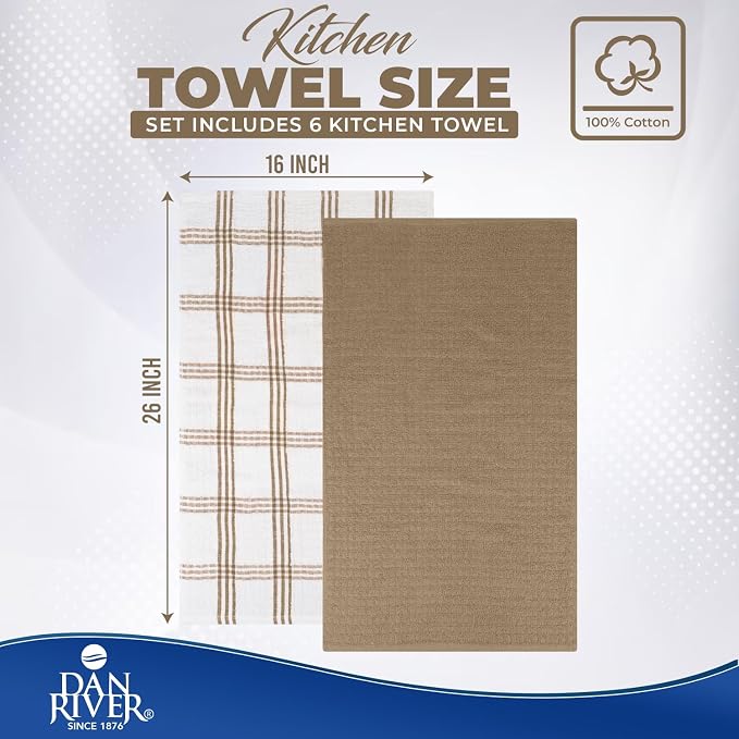 DAN RIVER Premium Tan Kitchen Towels - [Pack of 6] 100% Cotton (16x 26 Inches) -Super Soft, Highly Absorbent Hand Towels, Quick Dry, Dish Towels, Tea and Bar Towels Set