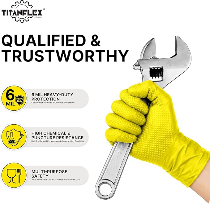 TitanFlex Heavy Duty Industrial Nitrile Gloves with Raised Diamond Texture, 6-mil, Latex Free (Yellow)