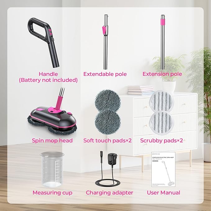 ScrubWiz Cordless Electric Mop, Electric Spin Mop with Water Spray, Powerful Floor Cleaner, Super Quiet Cleaning & Waxing, White and Black