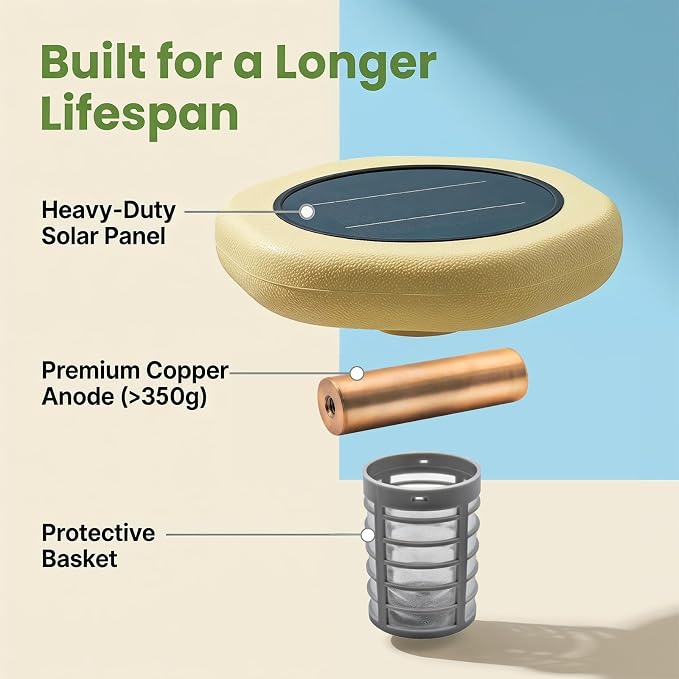 Solar Powered Floating Pool Maintenance Accessory with Replaceable Copper Anode, Durable Outdoor Pool Float for Above Ground, Inground and Saltwater Pools, Complete Accessory Kit Included