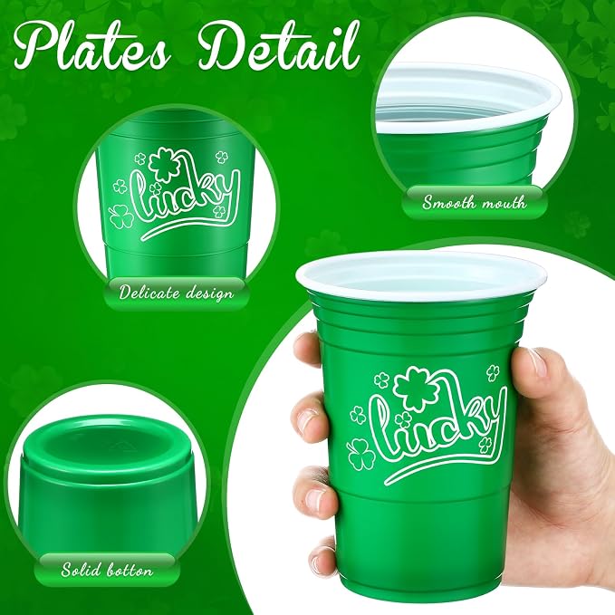 Pickmesh 50 Pcs St Patricks Day Plastic Cups 16oz Lucky Shamrock Design Disposable Cups for Lucky Party Supply St Patrick's Day Cups for Hot Cold Drinks Coffee Juice Beer Candy Snacks