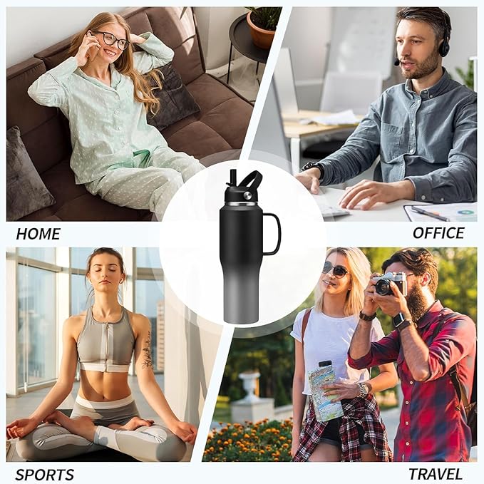 Insulated Water Bottle 32 OZ - with Straw & Pop-up Spout Lid, Keep Cold-48H Hot-12H, Stainless-Steel with handle for Women Men, Metal Flask Water Bottle Fits in Cup Holder
