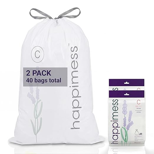 happimess 13.2 Gallon (50L) Drawstring Trash Bags, Lavender Scent, White, Heavy Duty MDPE Liners for Kitchen and Household, Odor Control, Custom Fit 40 Count (2 Packs of 20 Liners) HPM3101C-W-2SET