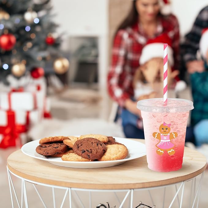 Whaline 50 Pcs 12 Oz Christmas Disposable Plastic Cups with Lids and Straws Cute Pink Gingerbread Man Cold Beverage Drinking Cups for Xmas Birthday Party Supplies