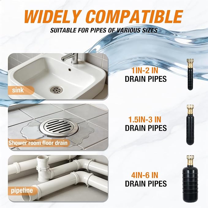Drain Bladder Kit for Clogged Drains, Drain Unclogger Tool with 10FT Retractable Hose – Includes Shut-Off Valve & Brass Faucet Adapter – Drain King Alternative for 1" to 6" Pipes (Sink, Shower, Pool)