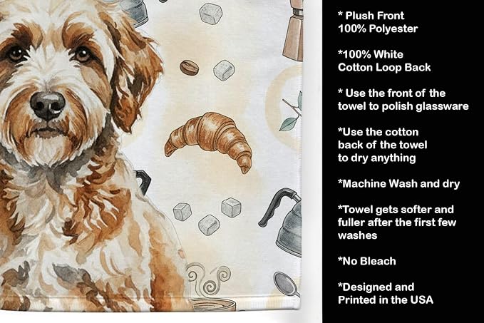 Caroline's Treasures Lagotto Romagnolo Coffee Bar Kitchen Towel Velour Plush Front and Cotton Loop Back Machine Washable