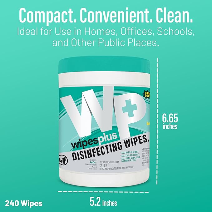 WIPESPLUS Disinfecting Surface Wipes Canister Bleach Free with Lemon Scent for Home and Business, 2880, (12 Packs of 240)