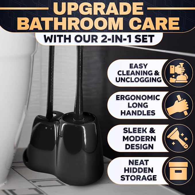 2-in-1 Black Toilet Brush and Plunger Set with Holder – Compact Bathroom Cleaning Combo, Strong Rubber Plunger & Stiff Bristle Brush, Space-Saving Stand, Fits Most Standard Toilets, 9.3×6.3×15.2 inch