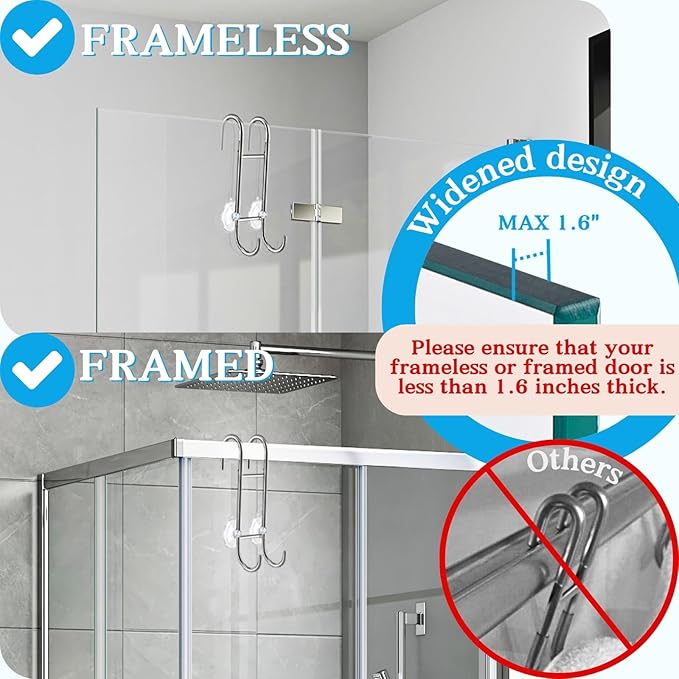 Shower Door Towel Hooks - 9"~13" Length Adjustable Hook for Frameless Over The Door Glass, Squeegee Holder, Towel Hanger for Bath Suits Rozer Robes Loofahs Shavers, Stainless Steel, 2-Pack, Silver
