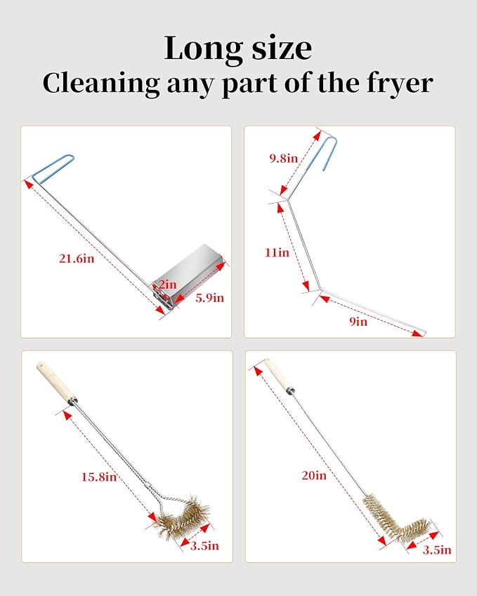 4-in-1 Fryer Cleaning Tools, L Shaped Fryer Cleaning Brush, Deep Fryer Crumb Scoop, Long Handle Deep Fryer Basket Cleaning Brush, Deep Fryer Cleanout Rod, Applies to Commercial Kitchen, Fryer, Drain