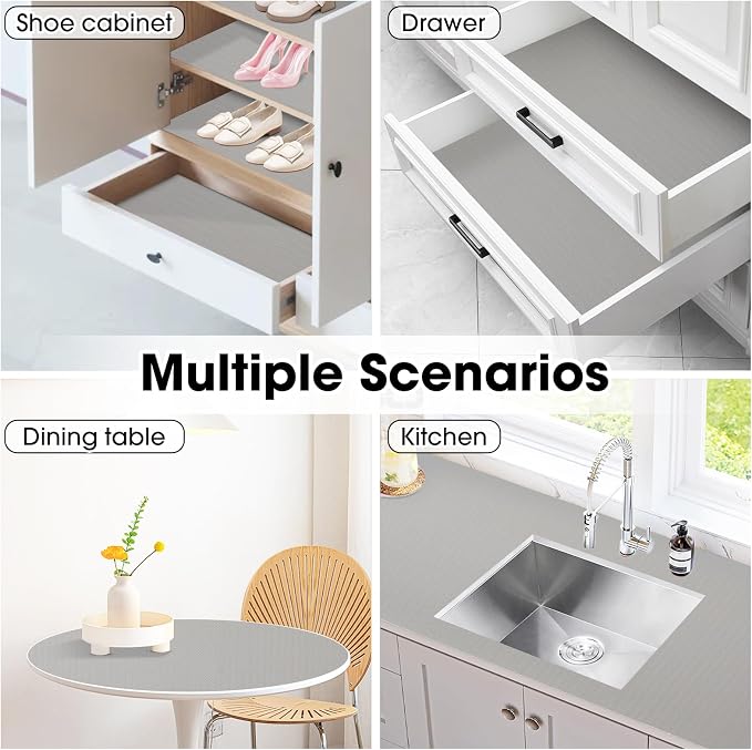 Drawer and Shelf Liner, Non-Slip Kitchen Cabinet Liners Non-Adhesive Thick Strong Grip Waterproof Washable Mats Protect Dresser Shelves Cupboard Bathroom Cabinets, Light Gray, 12 in X 30 FT