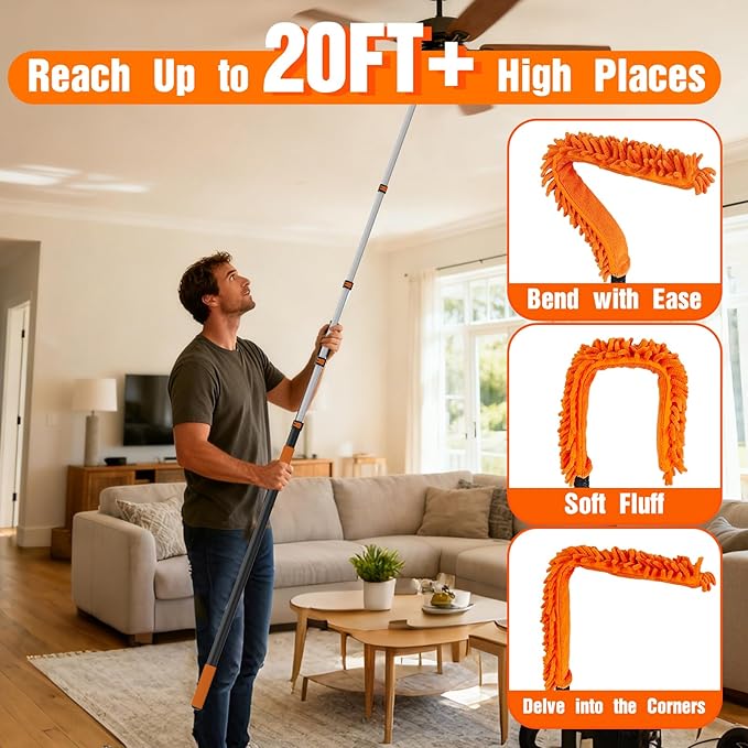 SISIUPASSIE 26FT Reach Ceiling Fan Cleaner Duster, Ceiling Fan Blade Cleaner with Extension Pole, Washable & Replaceable Microfiber Feather Duster Kits