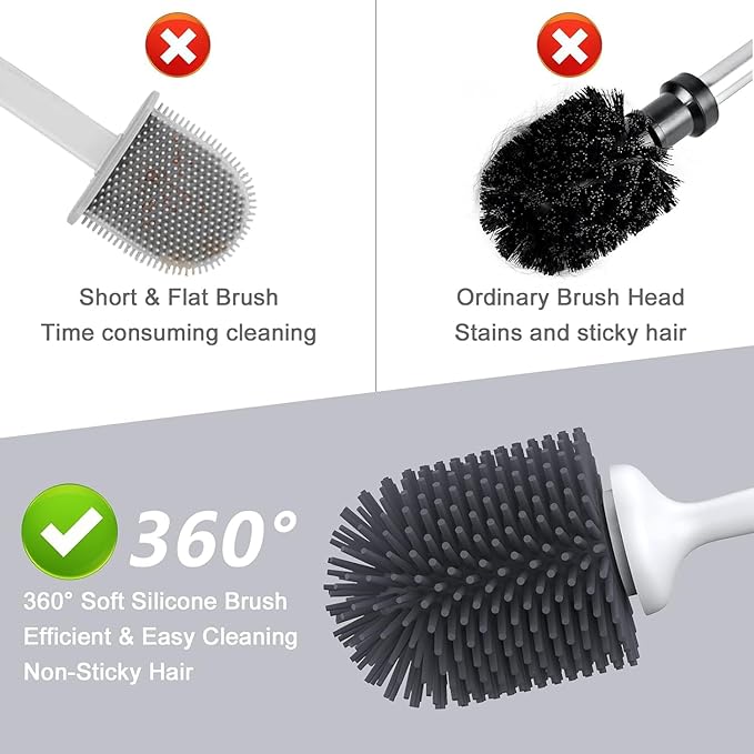 efree 2 Pack Silicone Toilet Bowl Brush and Holder Set with Ventilated Holder, Floor Standing & Wall Mounted Toilet Scrubber