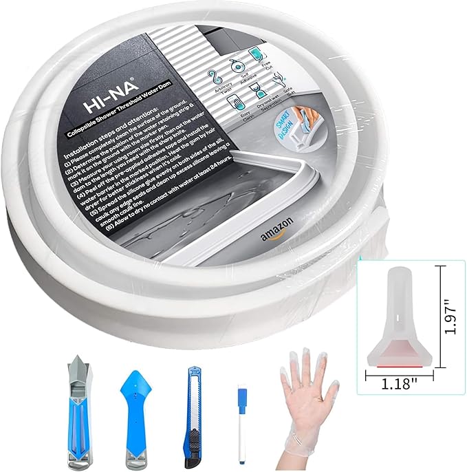 Hi-Na 3ft/5ft/6ft/8ft10ft Collapsible Shower Threshold Water Dam Water Barrier for Shower and Water Stopper Keeps Water Inside Water Threshold for Wet and Dry Separation (5ft, Clear)