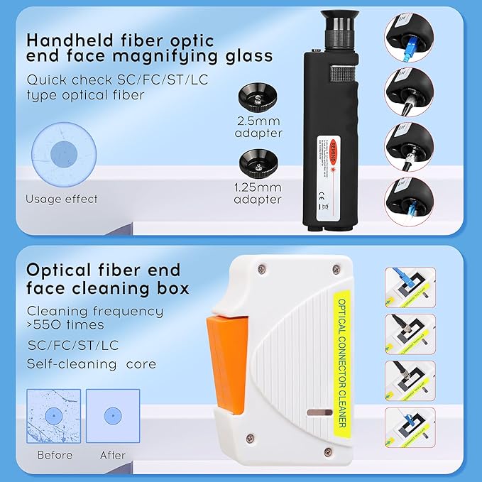 13 Piece kit Fiber Optic Cleaning Tool kit with 400x Optical Fiber Microscope Cleaner SC LC Cleaning Pen 2.5mm 1.25mm Interface Cleaning Box with Replace core Fiber Optic Cleaner kit