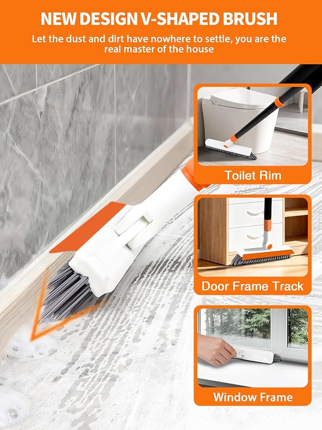 4-in-1 Baseboard Cleaning Tool with Extendable Handle 5 Reusable Pads 1 Carpet Rake Stiff Bristle Brush Multi-Surface Baseboard Brush for Cleaning Baseboard Wall Carpet Floor Bathroom Kitchen Pet Hair