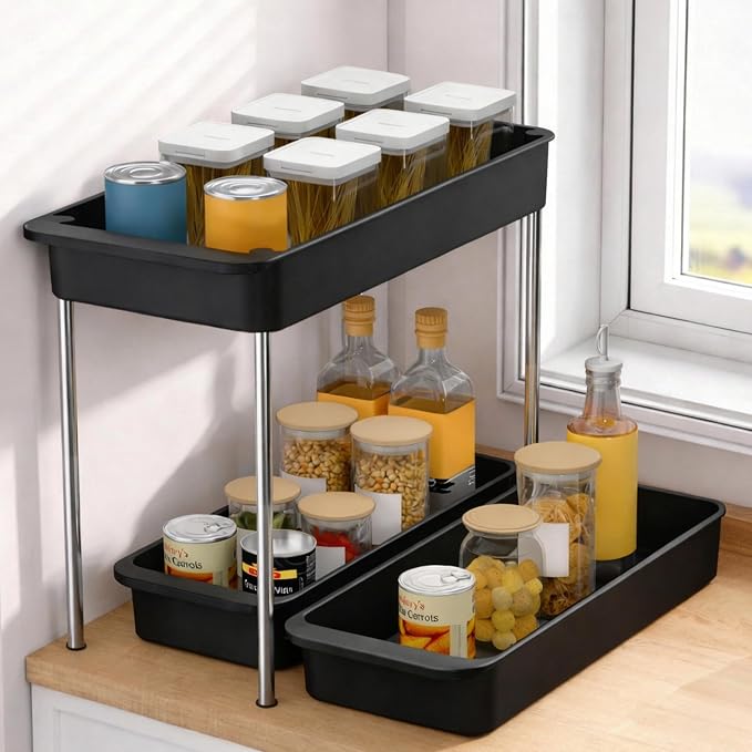 2-Tier Under Sink Organizer with Smooth Rolling Wheels, Pull-Out Bottom Storage Drawer with Easy-Lift Handle, Metal & Plastic Sliding Cabinet Organizer for Kitchen & Bathroom, Black, 2 Pack