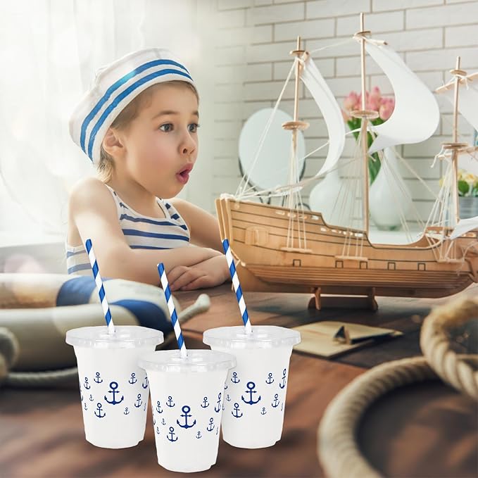 Whaline 50 Pcs 12 Oz Nautical Disposable Plastic Cups with Lids and Straws Navy Blue Anchor Cold Beverage Drinking Cup for Ocean Birthday Summer Party Supplies