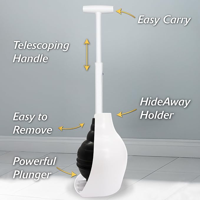 Korky BeehiveMAX Hideaway - Heavy Duty Toilet Plunger with Holder - Drip Free Carry - Seals All Bowl Shapes – Powerful Clog Removal, 97-5
