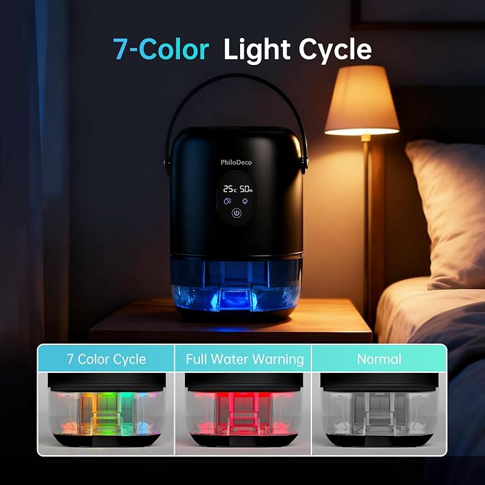 PHILODECO 35 OZ Dehumidifiers for Home(280 sq.ft), Ultra Quiet 25 dB for Bedroom & Bathroom with Auto Shut Off, Small Dehumidifiers for Closet, RV & Basement, 7 Colors LED Light, Black