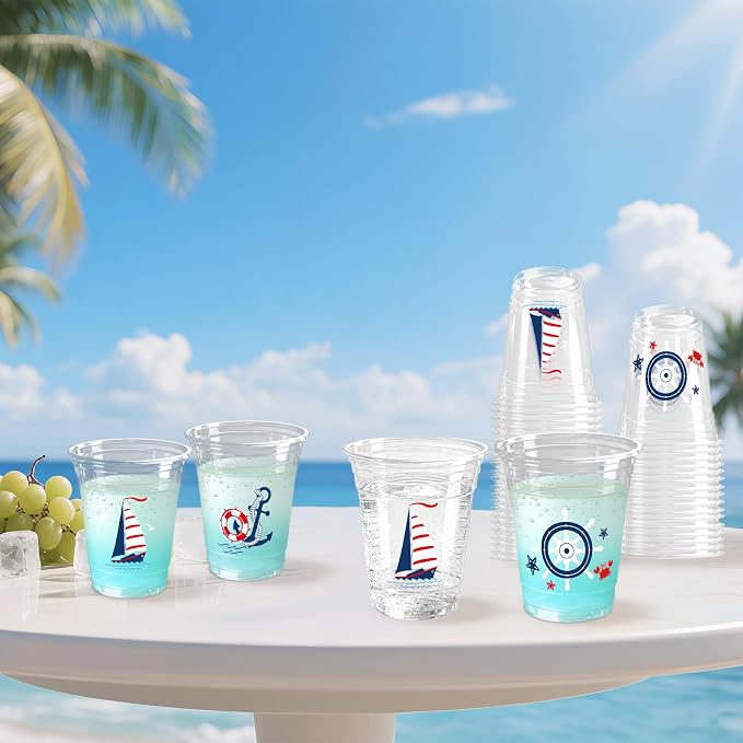 100pcs Nautical Plastic Cups 12 oz Nautical Birthday Clear Cups Navigation Disposable Glasses Blue Sailboat Anchor Lifebuoy Steering Wheel Beverage Glasses for Ocean Birthday Party Supplies