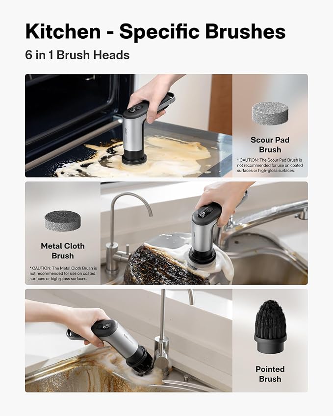 HOTO Grip™ Cordless Electric Spin Scrubber + 2 Pcs Replacement Sisal Brush Heads + 2 Pcs Replacement Brush Heads
